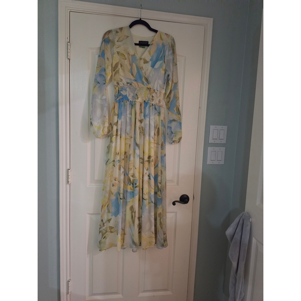 Laundry by Shelli Segal Floral Chiffon Maxi Dress Blue Yellow Smocked Waist 4